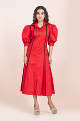 BLACK PIPING RED DRESS